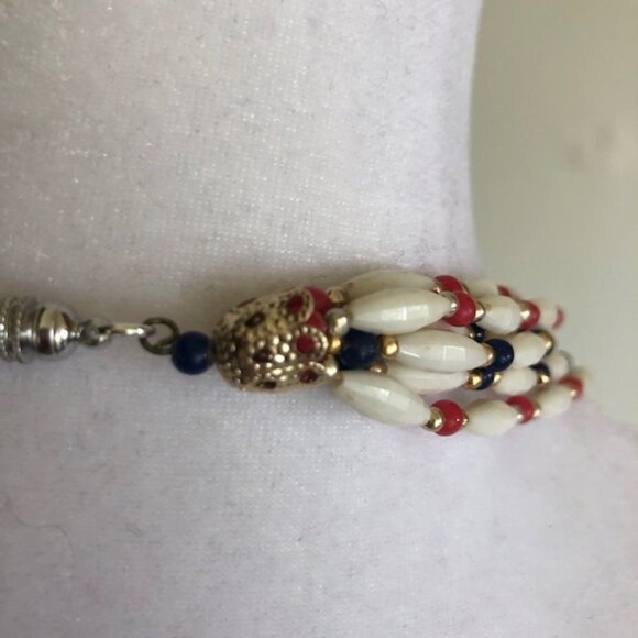 HONG KONG Red White Blue Lucite Bead 6 Strand Vintage Necklace - Picture 9 of 15